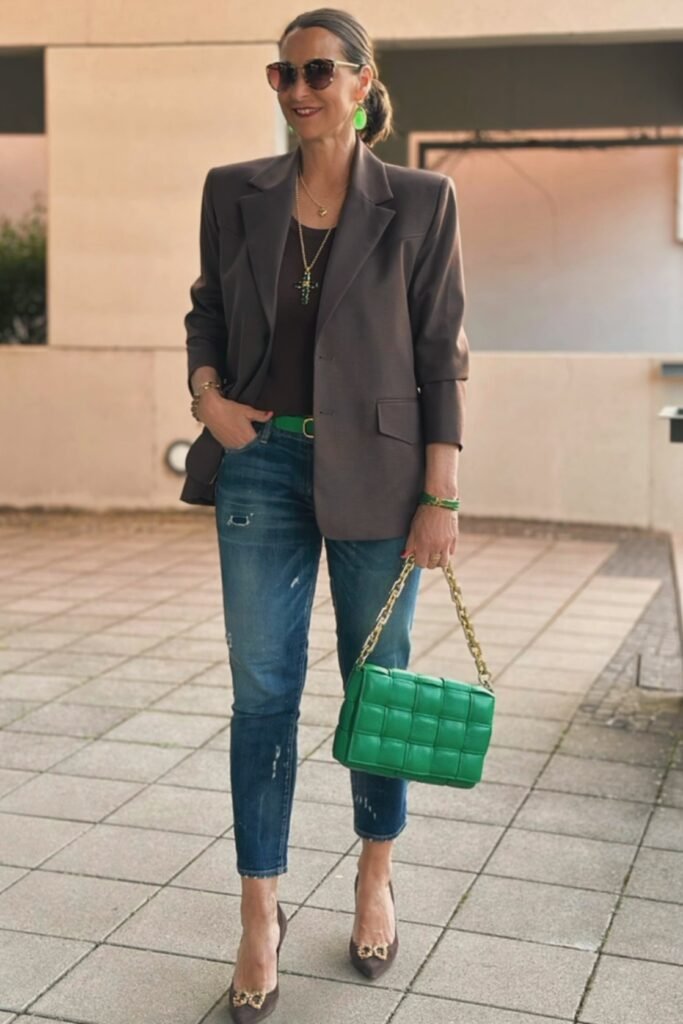 Brown Blazer + Dark Brown Top + Distressed Blue Jeans + Brown Heeled Shoes