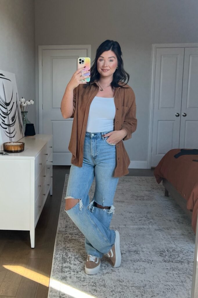Brown Corduroy Shirt + White Bodysuit + Ripped Light Wash Jeans + Brown Platform Sneakers