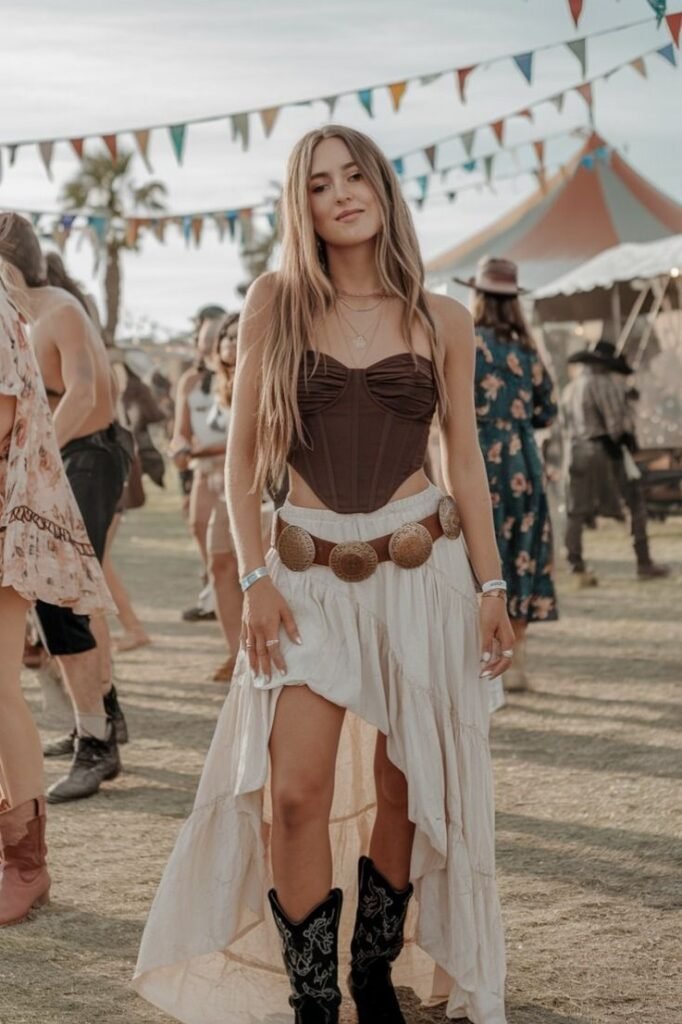 Brown Corset Top + Cream High Low Maxi Skirt + Black Western Boots