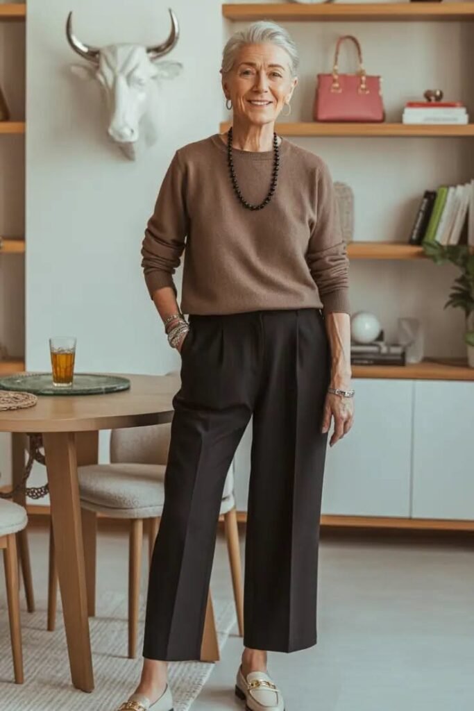 Brown Crewneck Knit Sweater + Charcoal Grey Pleated Trousers + Cream Leather Loafers
