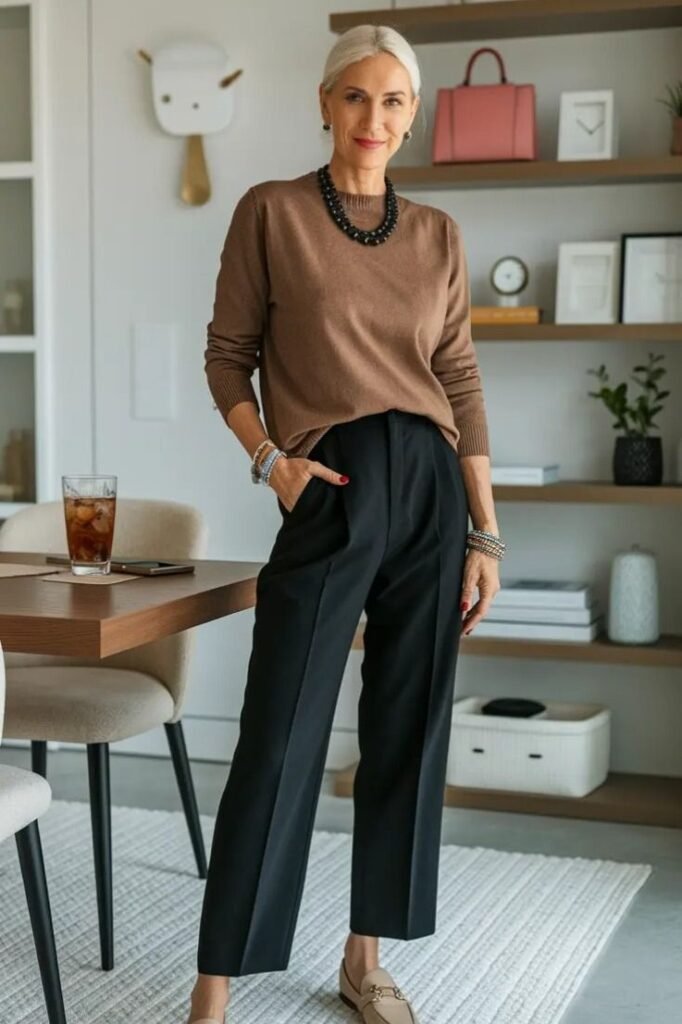 Brown Crewneck Sweater + Black Pleated Trousers + Chunky Black Bead Necklace + Beige Loafers