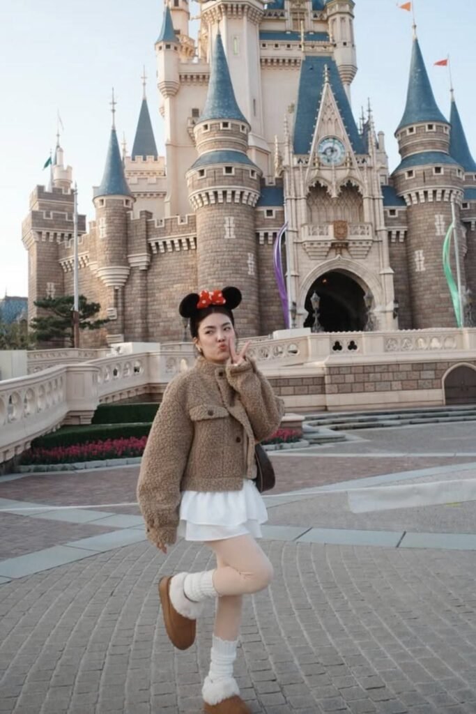 Brown Fleece Teddy Jacket + White Tiered Mini Skirt + White Slouchy Socks + Brown Suede Platform Mules