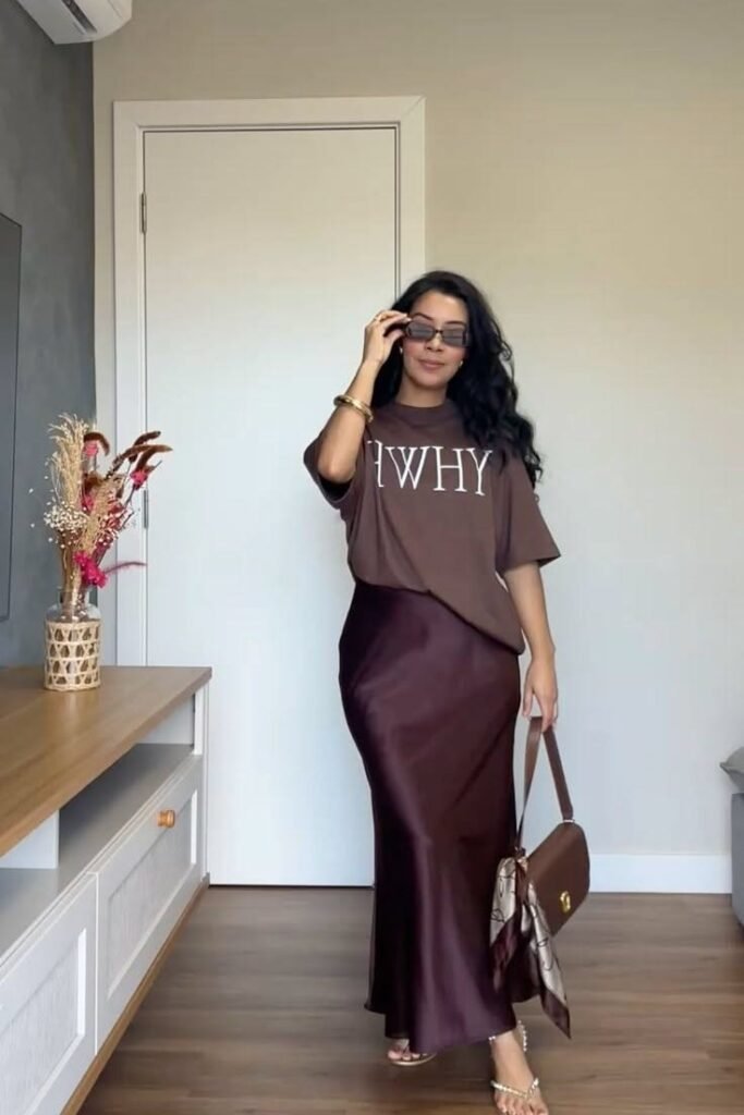 Brown Graphic T Shirt + Dark Brown Silk Midi Skirt + Thong Sandals