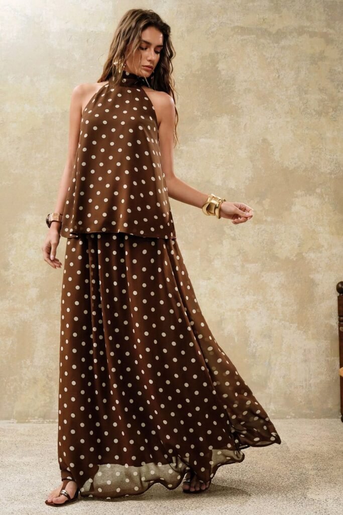 Brown Halter Neck Polka Dot Top + Matching Maxi Skirt + Flat Strappy Sandals