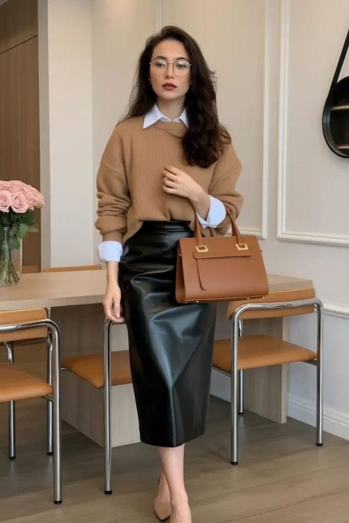 Brown Knit Sweater + White Button Down Shirt + Black Leather Midi Skirt + Beige Pumps