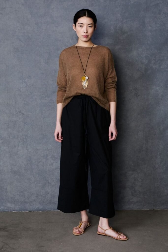 Brown Knit Sweater + Wide Leg Black Trousers + Tan Strappy Sandals