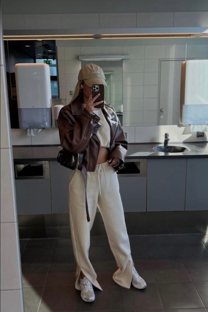 Brown Leather Biker Jacket + Cream Cropped Sweatshirt + Cream Wide Leg Sweatpants + White Sneakers