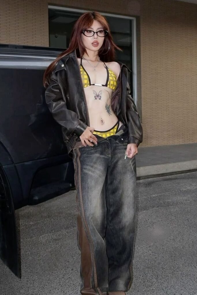 Brown Leather Bomber Jacket + Yellow Plaid Bikini Top & Matching Briefs + Distressed Grey Wide Leg Jeans