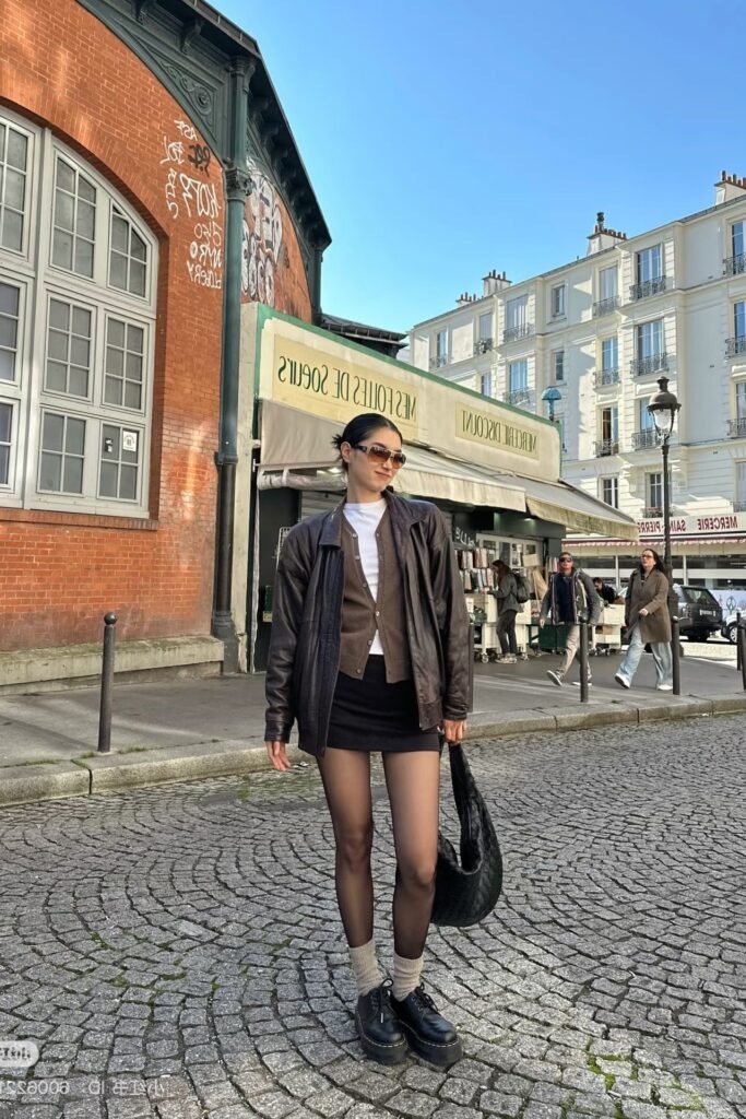 Brown Leather Jacket + Brown Knit Cardigan + Black Mini Skirt + Black Platform Shoes