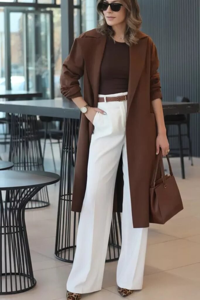 Brown Long Coat + Brown Fitted Top + White Wide Leg Trousers + Leopard Print Heels