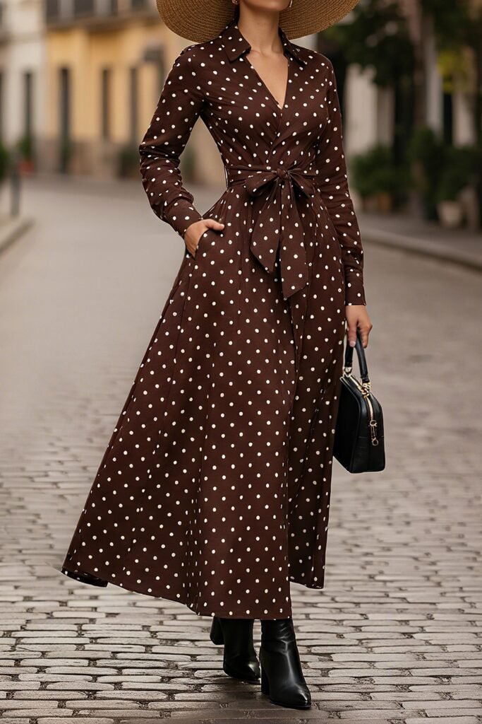 Brown Long Sleeve Button Down Polka Dot Maxi Dress + Wide Brim Straw Hat + Black Pointed Toe Boots