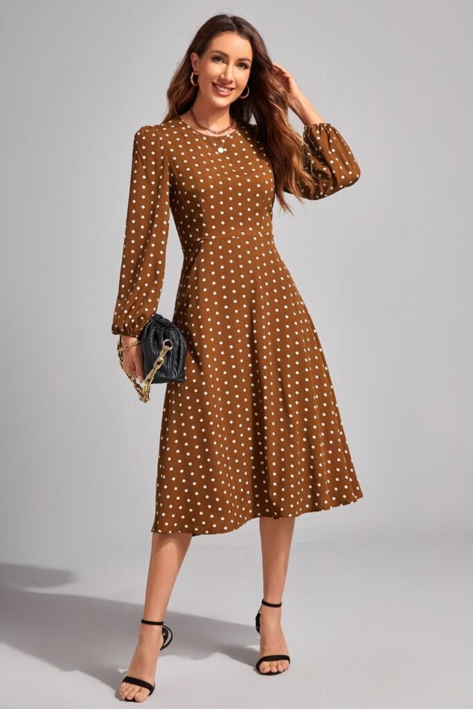 Brown Long Sleeve Polka Dot Midi Dress + Black Leather Clutch + Black Ankle Strap Heels