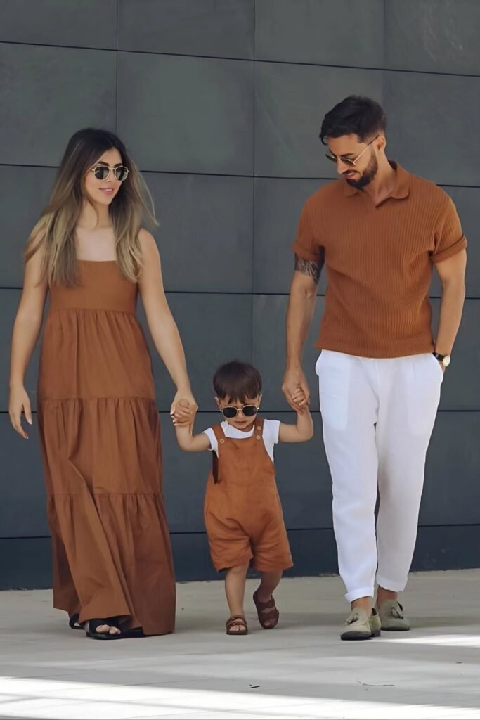 Brown Maxi Dress + Brown Polo Shirt & White Trousers + Brown Overalls & White T Shirt