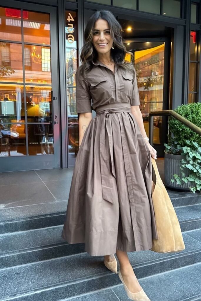 Brown Midi Shirt Dress + Suede Tote Bag + Nude Pumps