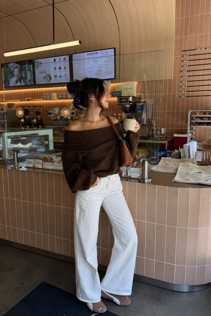 Brown Off The Shoulder Sweater + White Wide Leg Jeans + Brown Sneakers