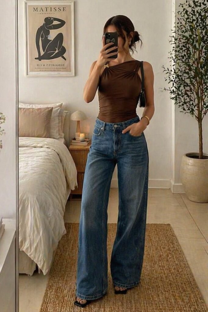 Brown One Shoulder Top + Medium Wash Wide Leg Jeans + Black Square Toe Sandals