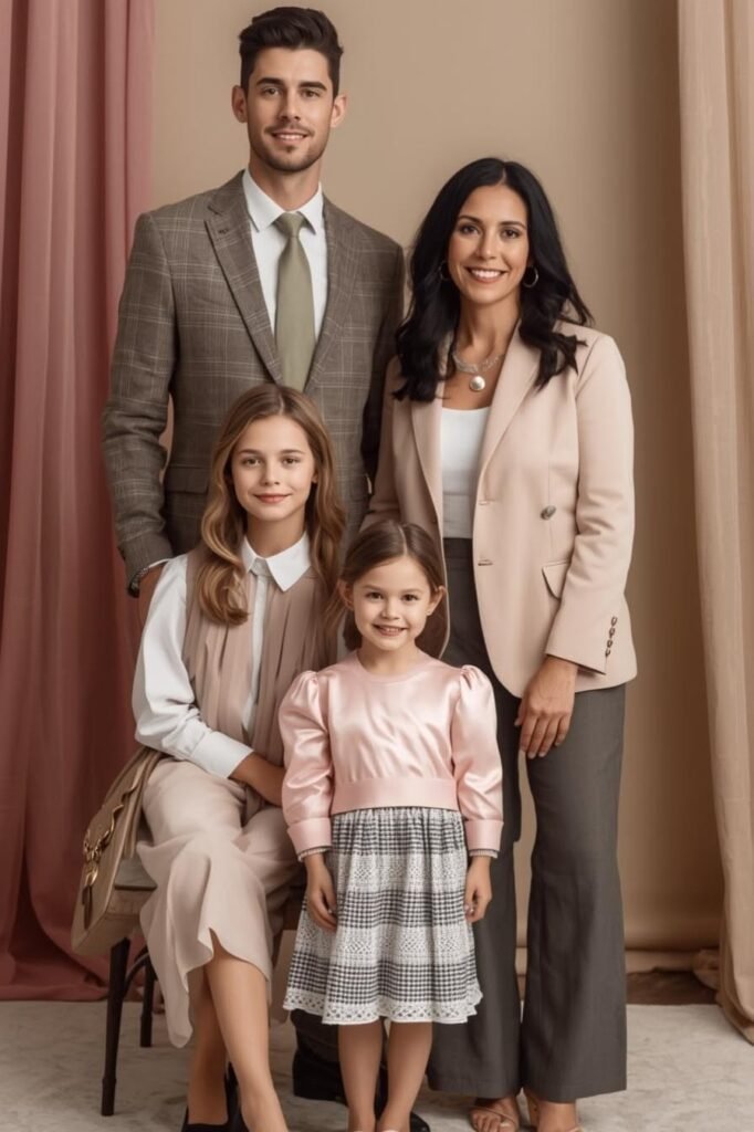 Brown Plaid Suit + White Shirt + Green Tie + Beige Blazer + White Top + Grey Trousers + Beige Vest + White Shirt + Pink Satin Blouse + Plaid Skirt