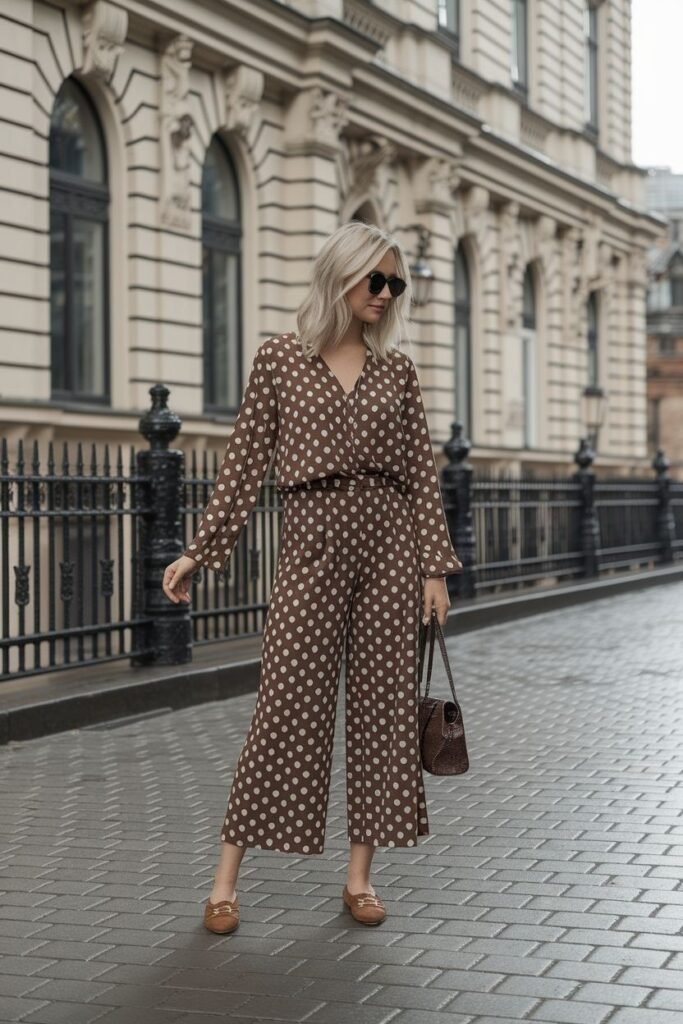 Brown Polka Dot Jumpsuit + Brown Loafers + Brown Structured Bag