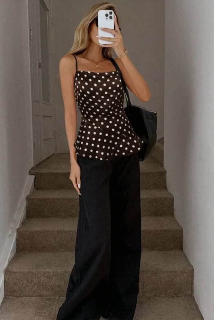 Brown Polka Dot Peplum Cami + Black Wide Leg Trousers + Black Tote Bag