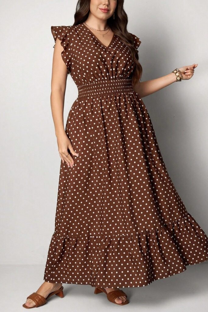 Brown Polka Dot Ruffled V Neck Maxi Dress + Smocked Waist + Brown Padded Slide Sandals