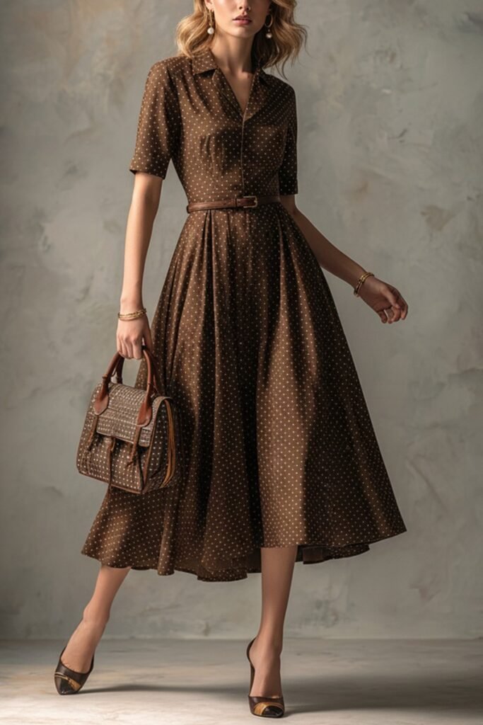 Brown Polka Dot Short Sleeve Shirt Dress + Brown Thin Leather Belt + Brown Patterned Handbag + Two Tone Pointed Heels