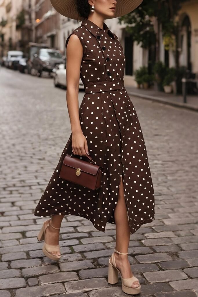 Brown Polka Dot Sleeveless Button Down Dress + Wide Brim Straw Hat + Brown Leather Top Handle Bag + Beige Platform Heels