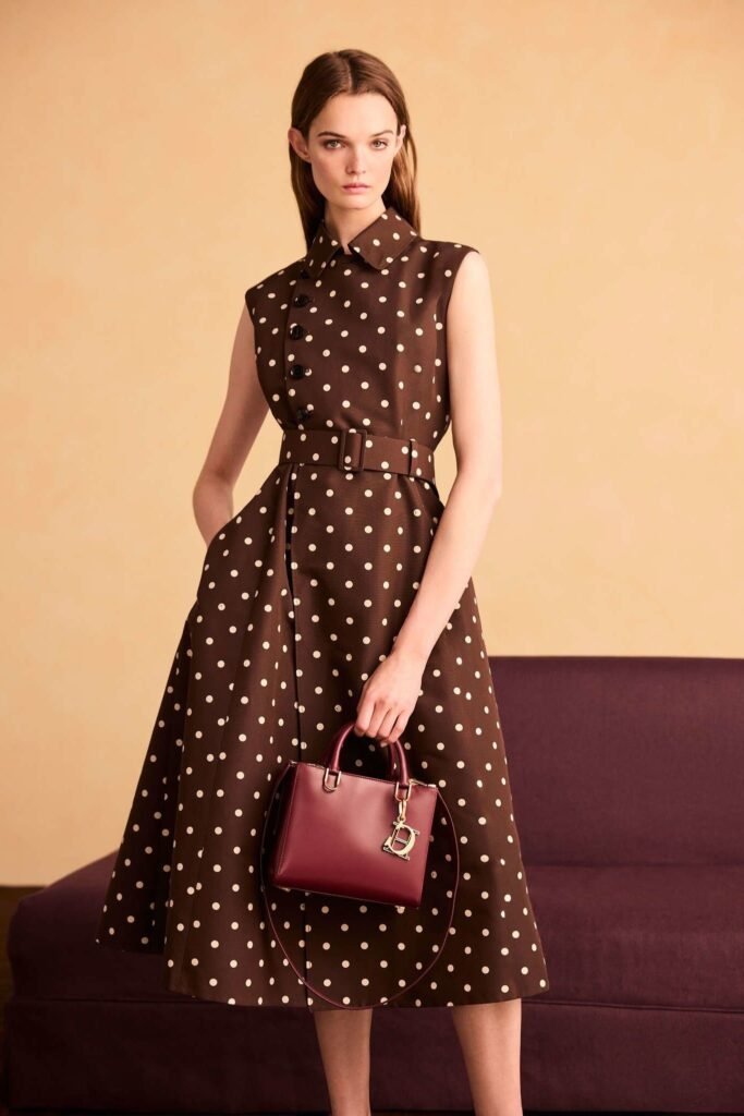 Brown Polka Dot Sleeveless Midi Dress + Matching Waist Belt + Burgundy Satchel