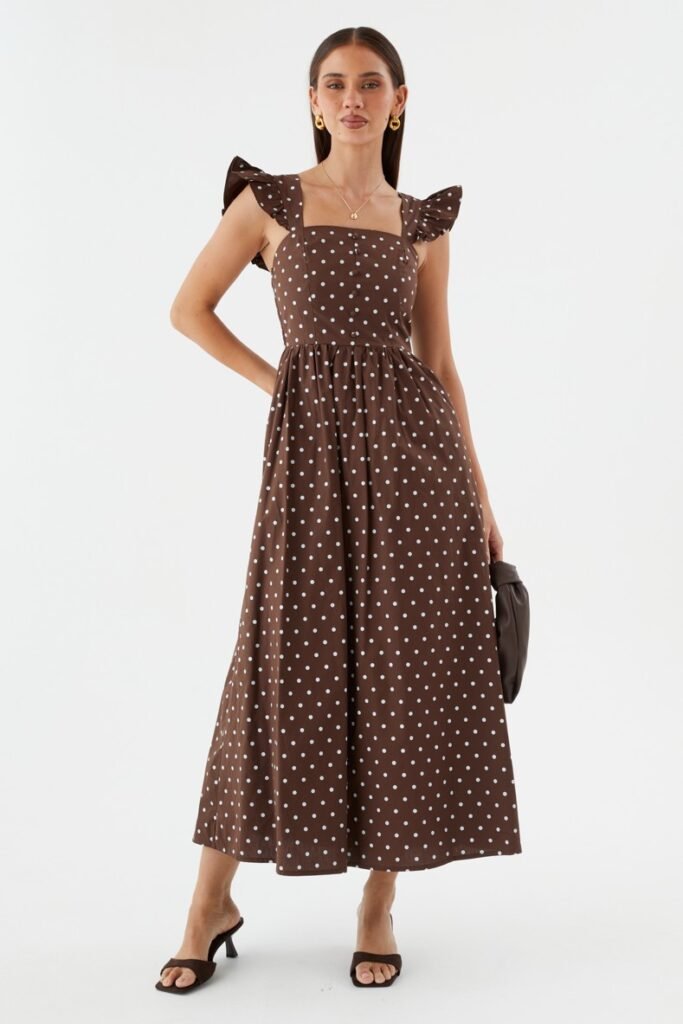 Brown Polka Dot Square Neck Ruffle Strap Dress + Brown Leather Pouch Bag + Brown Square Toe Mules