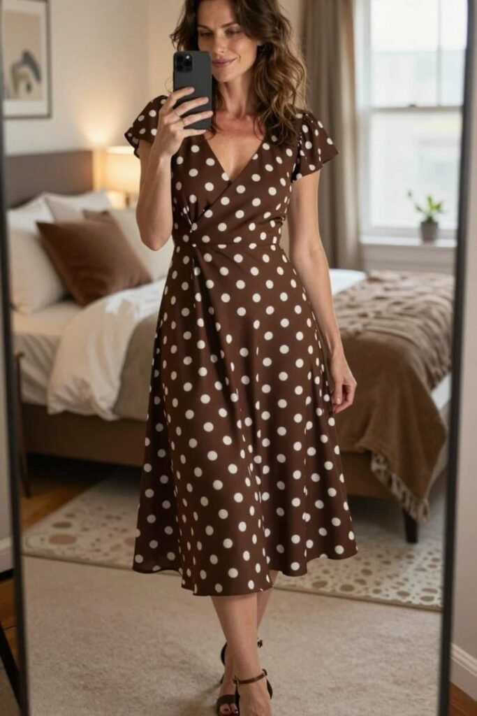 Brown Polka Dot V Neck Wrap Dress + Flutter Sleeves + Black Strappy Sandals