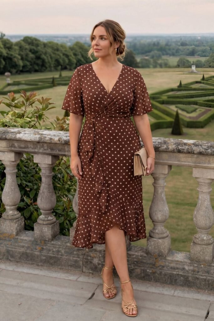 Brown Polka Dot Wrap Dress + Gold Strappy Sandals + Beige Clutch
