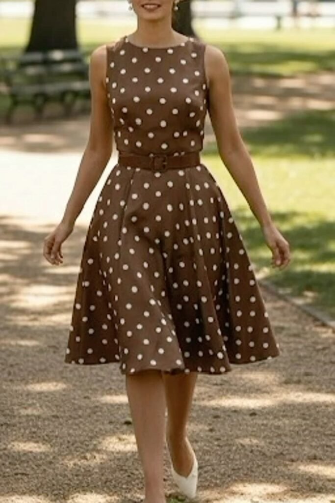 Brown Sleeveless Polka Dot A Line Dress + Matching Waist Belt + White Pointed Toe Flats