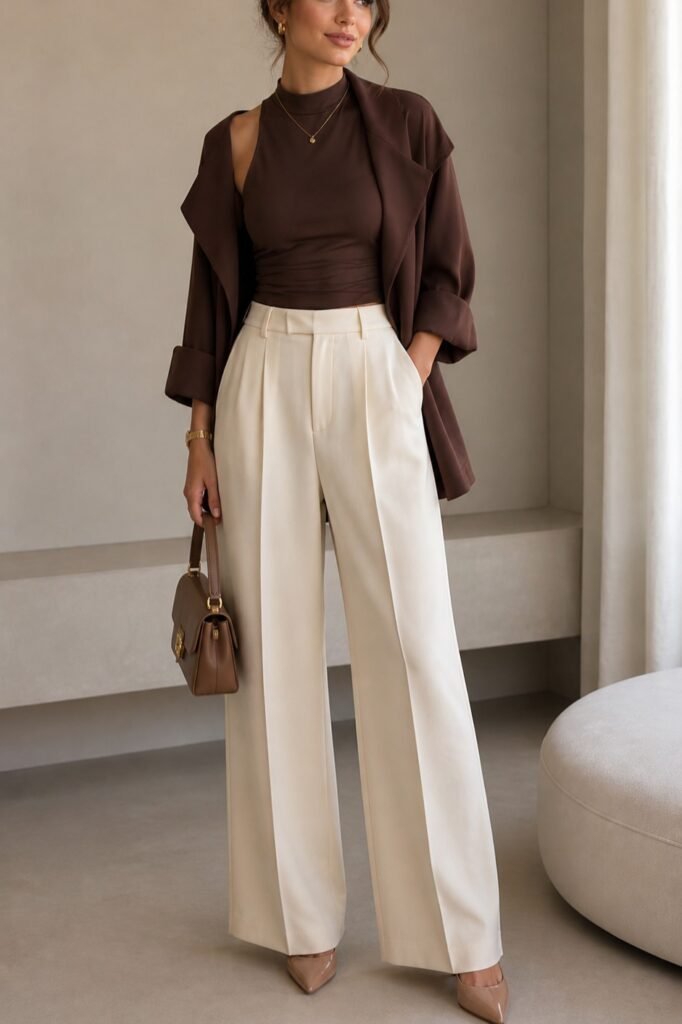 Brown Sleeveless Top + Brown Blazer + Cream Wide Leg Trousers + Nude Heels