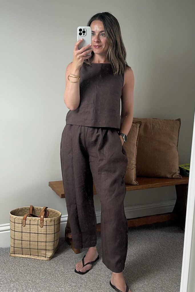 Brown Sleeveless Top + Brown Cropped Wide Leg Pants + Black Flip Flops