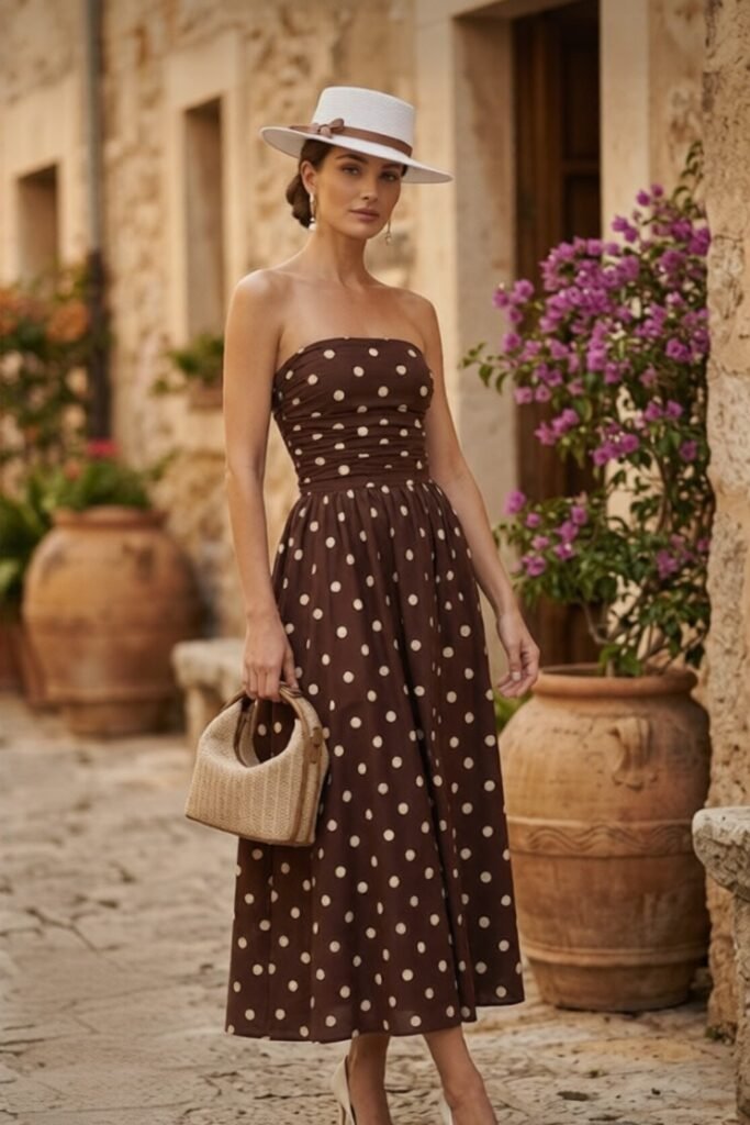 Brown Strapless Polka Dot Midi Dress + White Boater Hat + Straw Handbag