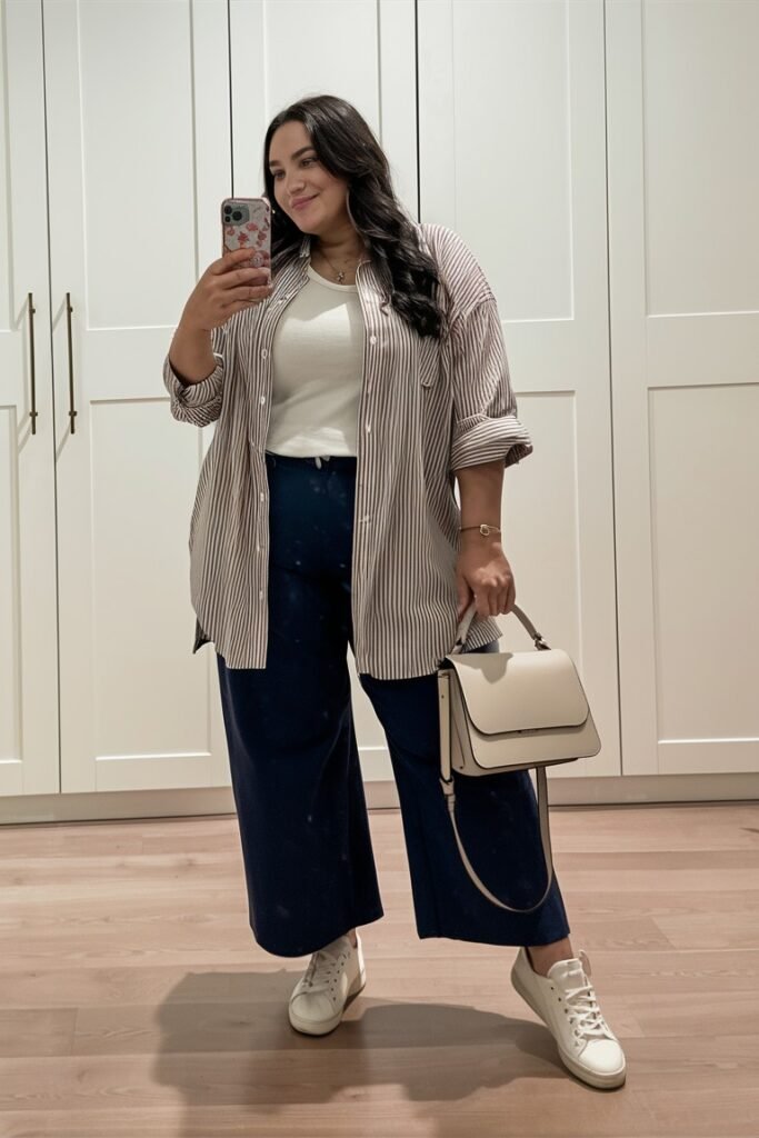 Brown Vertical Striped Button Down Shirt + White Tank Top + Navy Wide Leg Crop Pants + White Sneakers