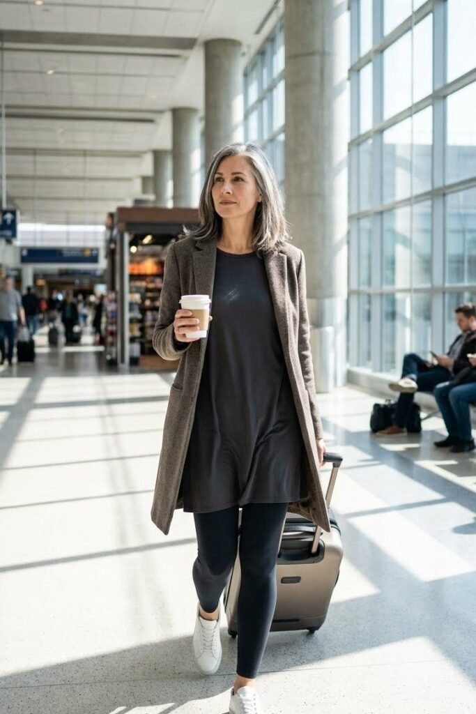 Brown Wool Car Coat + Charcoal Grey Tunic + Black Leggings + White Sneakers