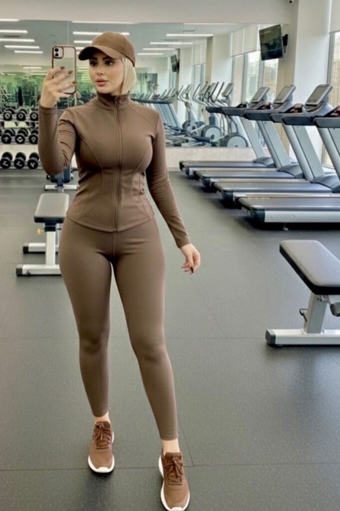Brown Zip Up Jacket + Brown Leggings + Brown Cap + Brown Sneakers