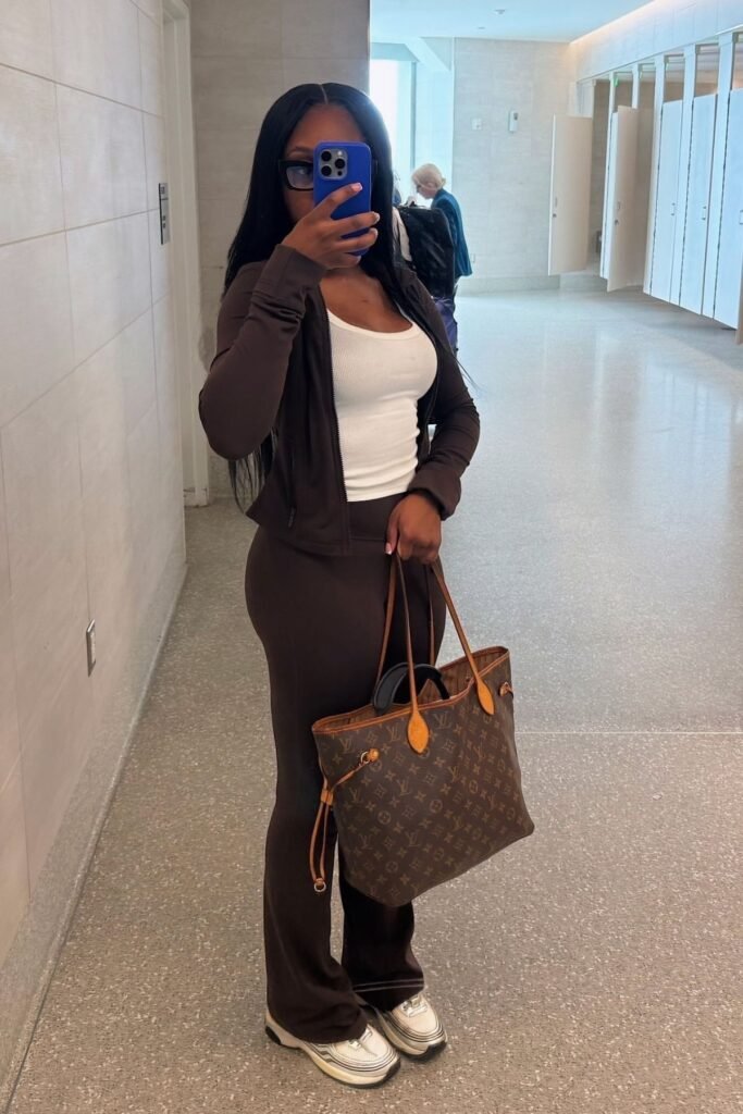 Brown Zip Up Jacket + White Tank Top + Brown Flare Pants + White Sneakers