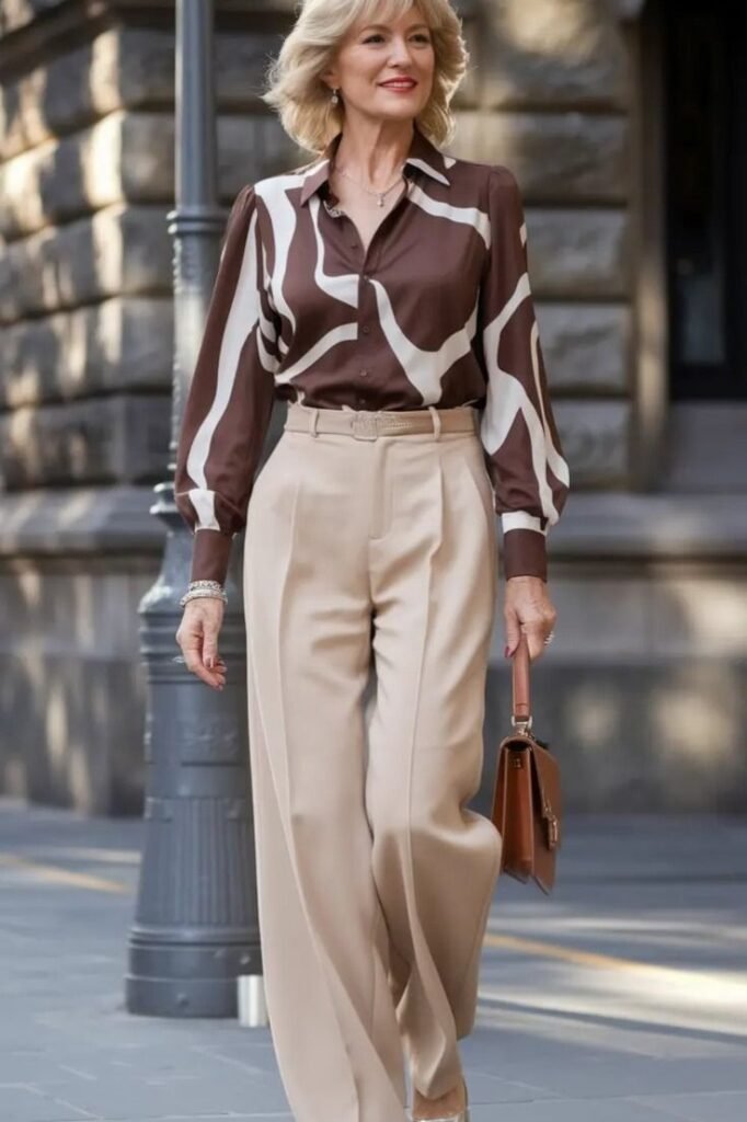 Brown and White Abstract Print Silk Blouse + Beige Wide Leg Trousers + Tan Pointed Heels