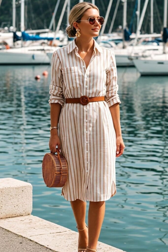 Brown and White Striped Shirt Dress + Brown Waist Belt + Round Woven Bag + Tan Ankle Strap Heels