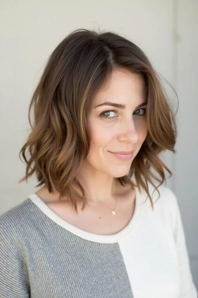 Brunette Wavy Bob with Subtle Caramel Balayage