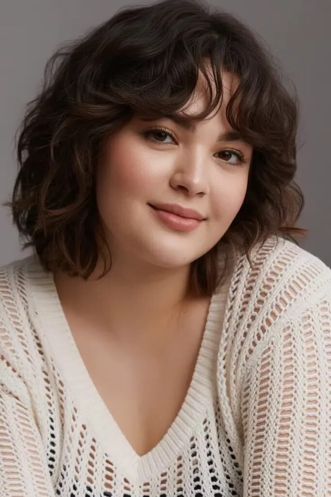 Brunette Wavy Lob with Soft Curtain Bangs