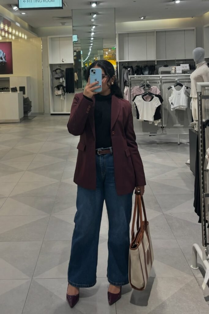 Burgundy Blazer + Black Turtleneck + Blue Wide Leg Jeans + Burgundy Heels