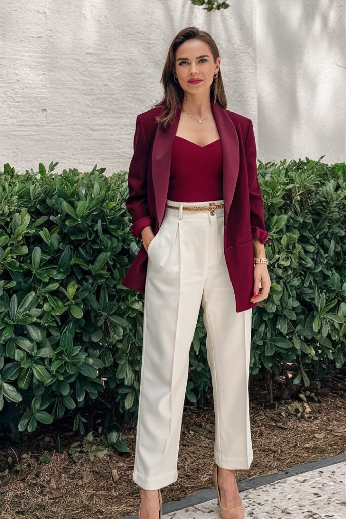 Burgundy Blazer + Burgundy Top + White Trousers