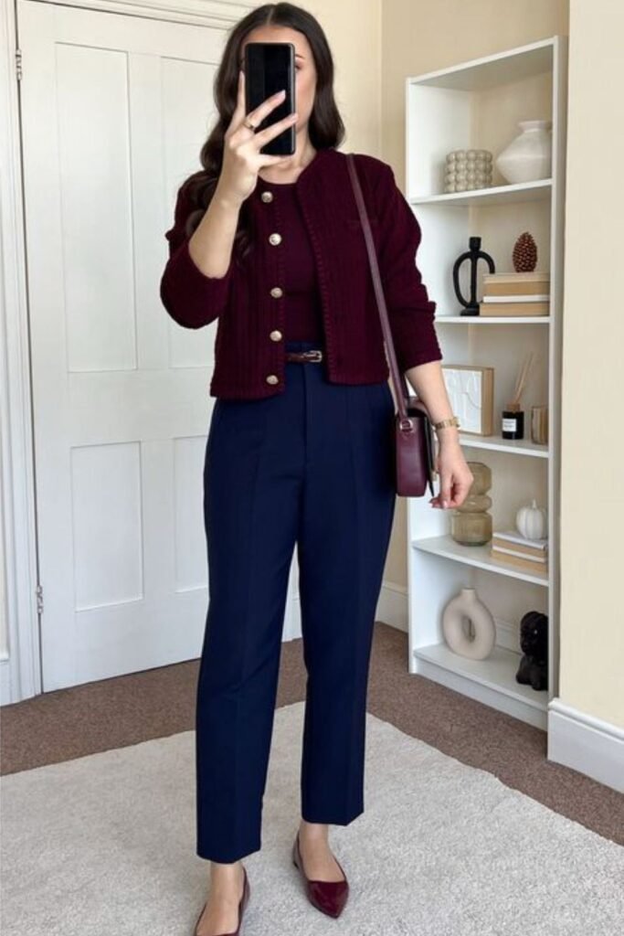 Burgundy Crewneck Top + Burgundy Button Up Knit Cardigan + Navy Blue High Waisted Trousers + Burgundy Pointed Flats