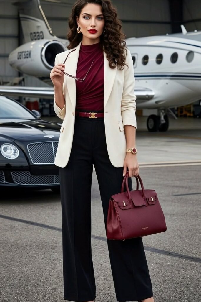 Burgundy Draped Top + Cream Blazer + Black Wide Leg Trousers
