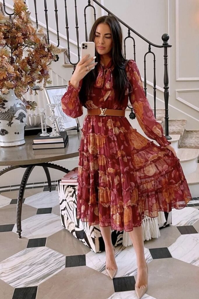 Burgundy Floral Tiered Maxi Dress + Brown Logo Belt + Nude Pointed Toe Heels