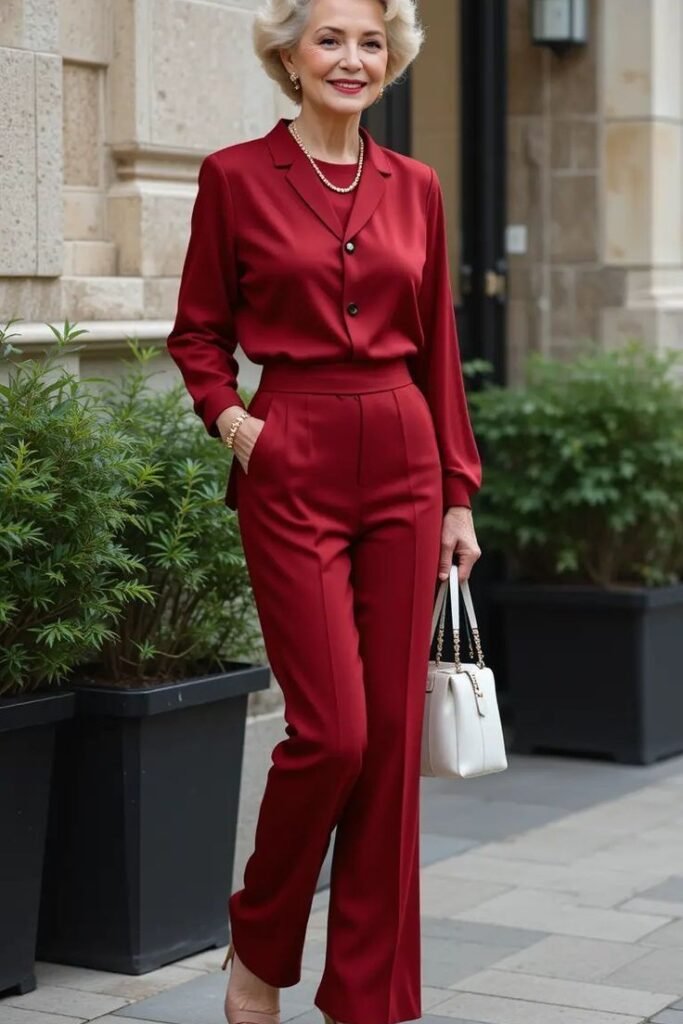 Burgundy Long Sleeve Button Up Blouse + Burgundy High Waisted Wide Leg Trousers + White Handbag