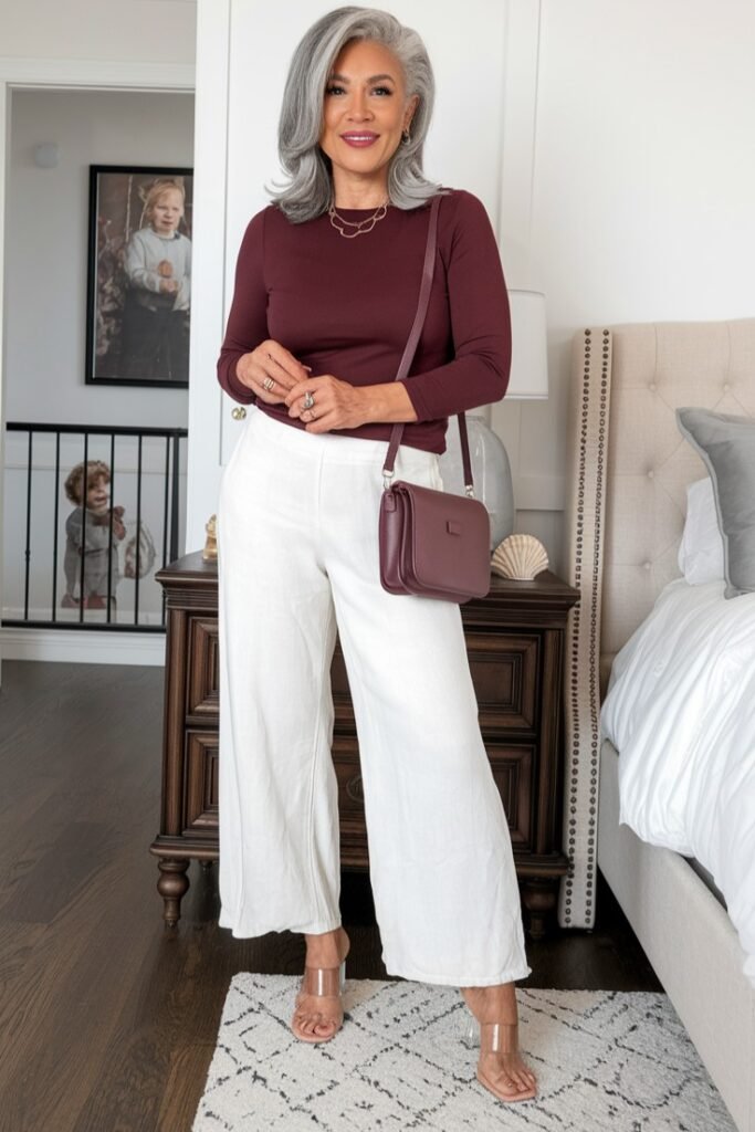Burgundy Long-Sleeve Top + White Linen Wide-Leg Pants + Clear Block Heels