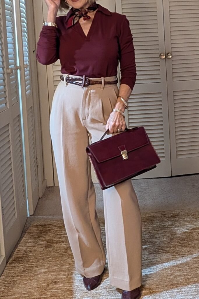 Burgundy Long Sleeved Polo + Tan Pleated Trousers + Dark Brown Pointed Toe Boots + Burgundy Briefcase